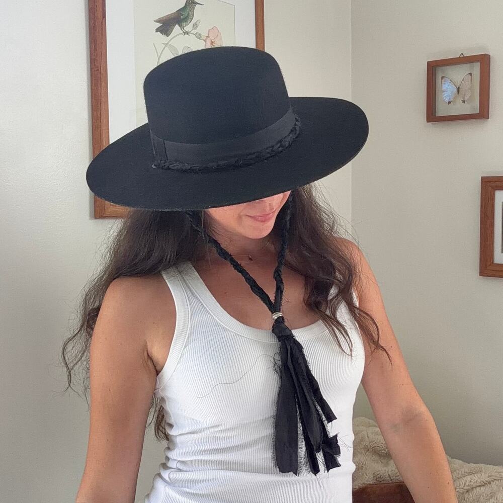 Wool Wide Brim Hat Black Silk Hand Braided Cord Ribbon Size Medium
